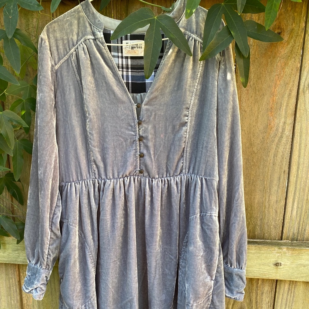 Periwinkle blue silvery velvet dress with pockets.